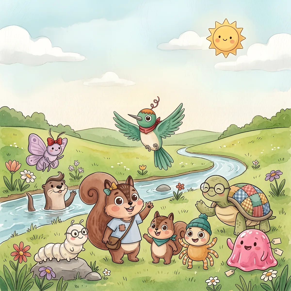 The friends of Dewberry Hollow waving by a sparkling brook: Tara the tailorbird, Gilli the squirrel, Pip, Spindly the spider, Bobbin, Ripple the otter, Nibbles the moth, Grandma Loom and Gloop.